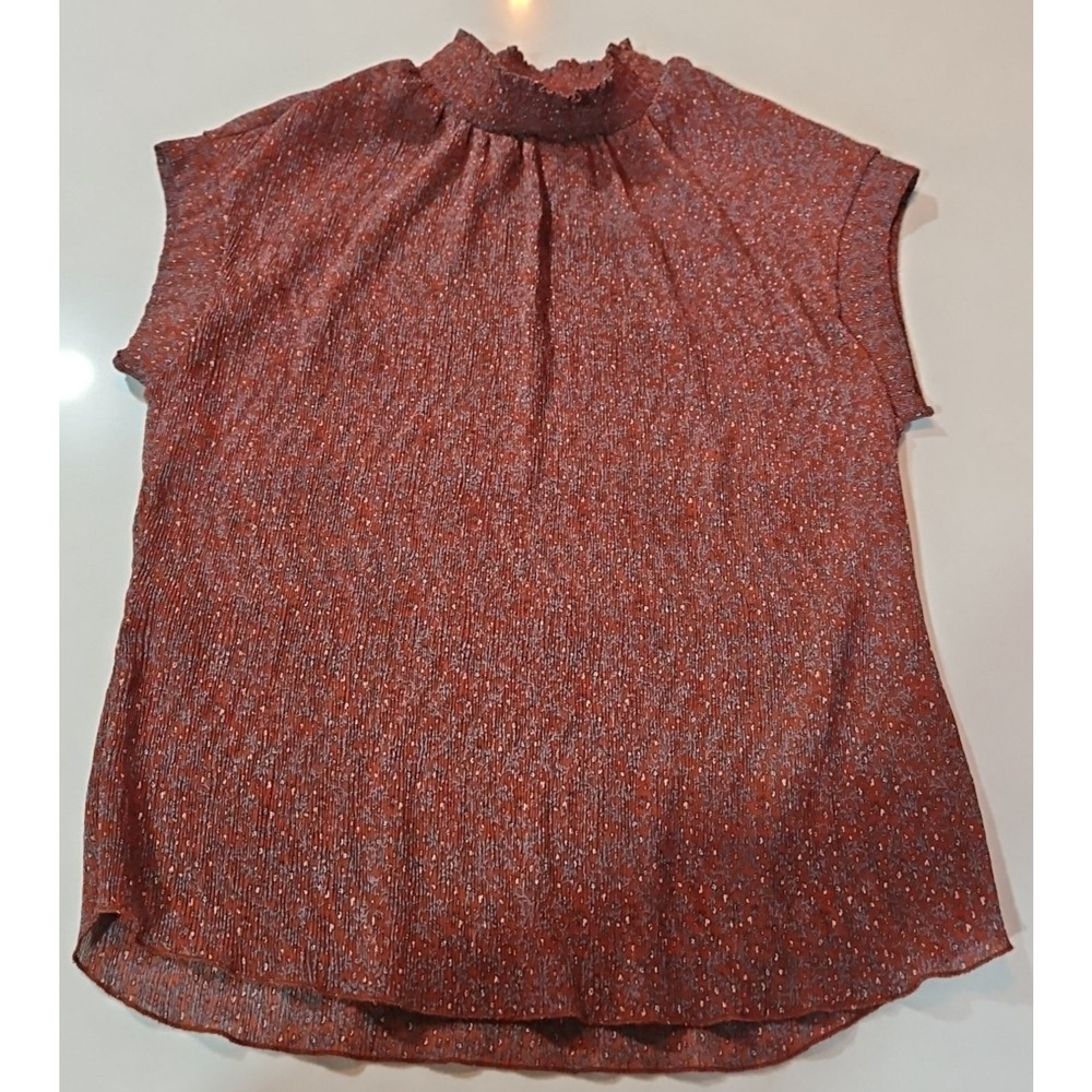 Monteau Women's Rust Burnt Orange Crinkle Pleated Mock High Neck Cap Sleeve